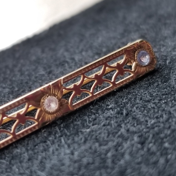 Art Deco14KGold Diamond&Sapphire Bar Brooch 1930's - Picture 2 of 5